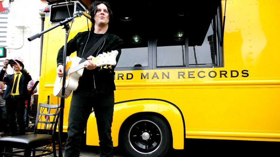 Jack White performs in front of his mobile record store, Third Man Records, at SXSW.